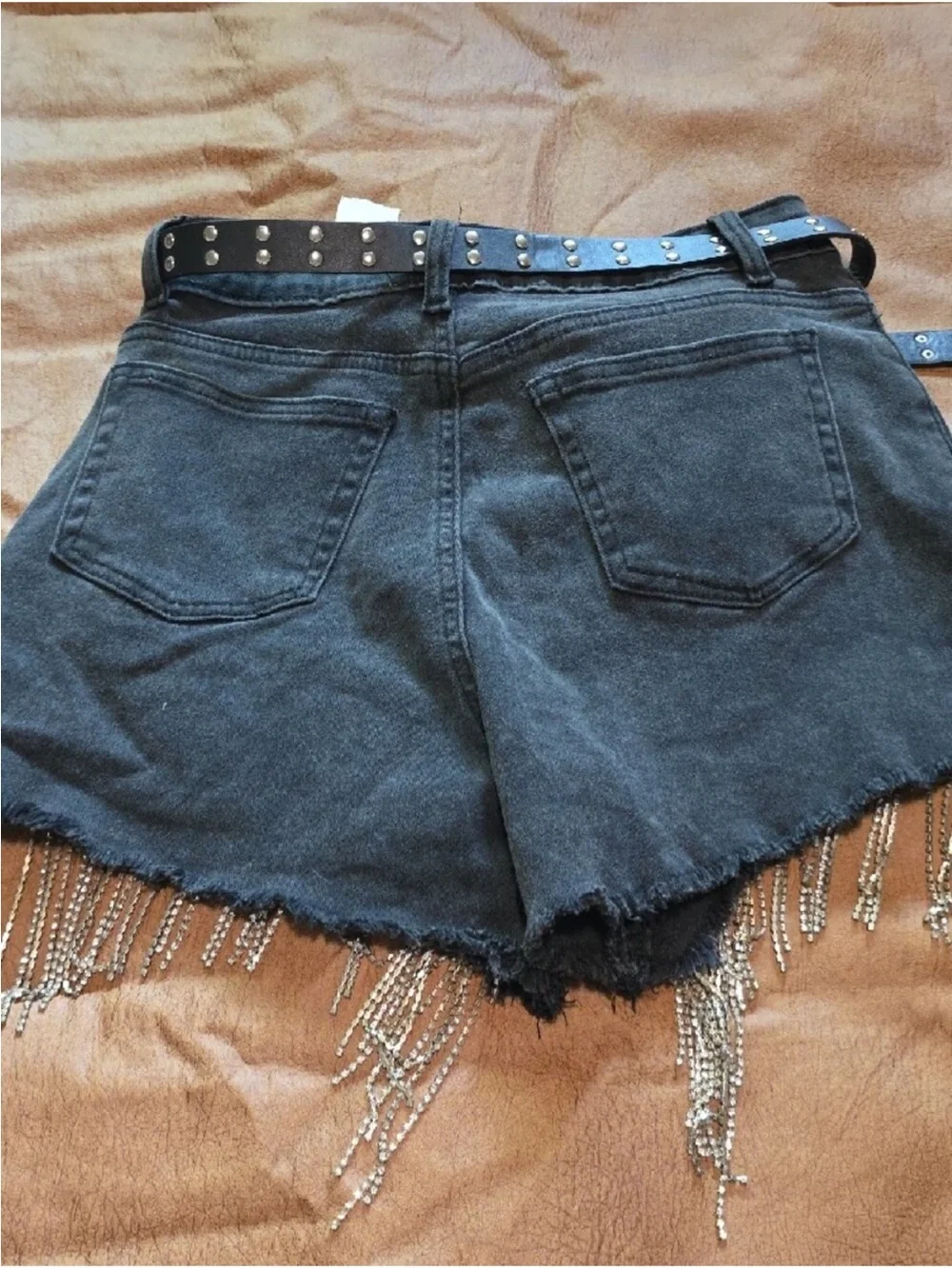 Black High-Waist Denim Shorts with Rhinestone Fringe